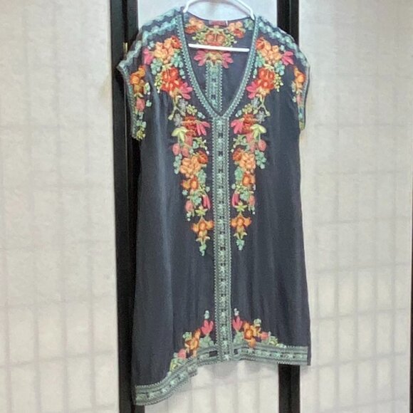 Johnny Was Cap Sleeve V Neck Embroidered Sheer Heidi Tunic Kaftan Blue Grey S - Picture 4 of 13